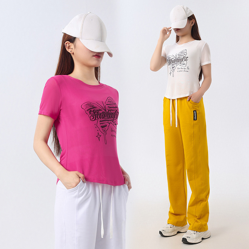 2025 スクエアダンス夏の新作スーツメッシュトップカジュアルスポーツワイドレッグパンツスローダンスダンスパフォーマンス服|undefined