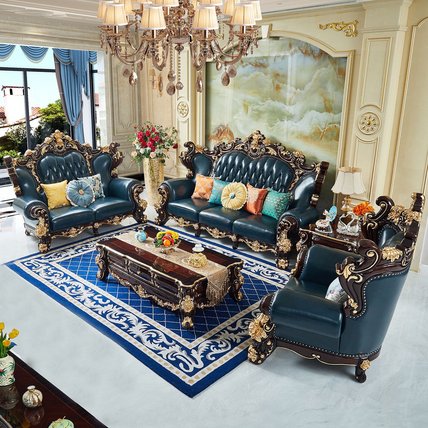 Banzun Mansion European-style leather sofa set, luxurious solid wood villa living room 1+2+4 large flat floor with carved details 967
