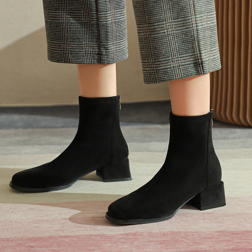 Women's thick-heeled short boots, low-heeled French nude boots, winter slim boots with back zipper, simple socks, socks boots, soft women's shoes
