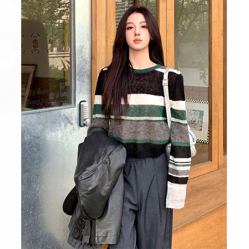 Color-Blocked Striped Mohair Pullover Knitwear 2026 Spring New Women's Loose, Lightweight, Transparent, High-End Sweater