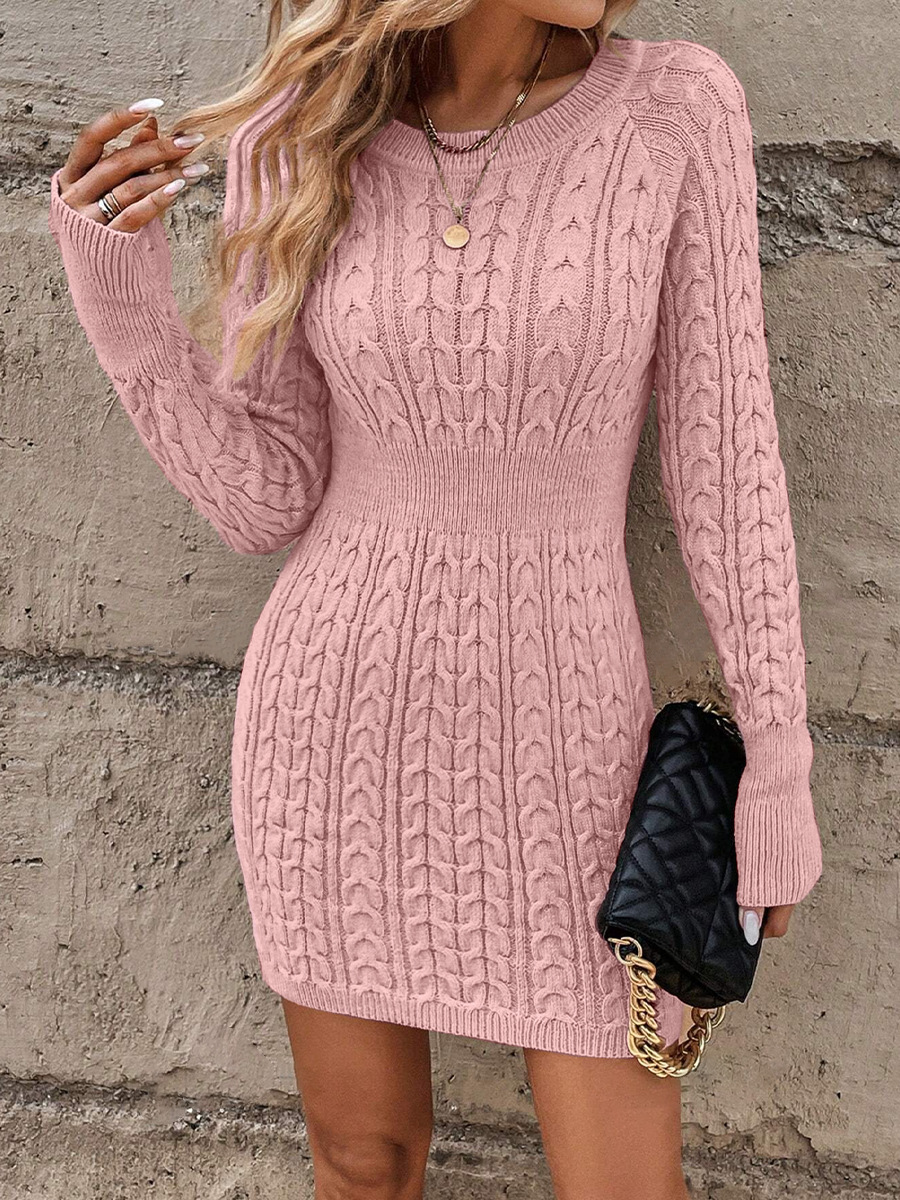 K Fried Dough Twists Knit Skirt Women's Fashion Crewneck Round Neck Solid Color Fitted Sheer Dress For Women_voghion.com