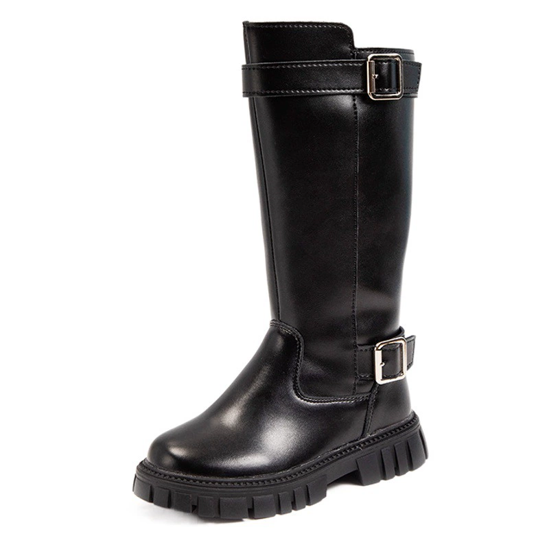 2024, модная зимняя новая теплая черная обувь для девочек на молнии с высоким берцем и флисовой подкладкой, нескользящие зимние кожаные ботинки в корейском стиле