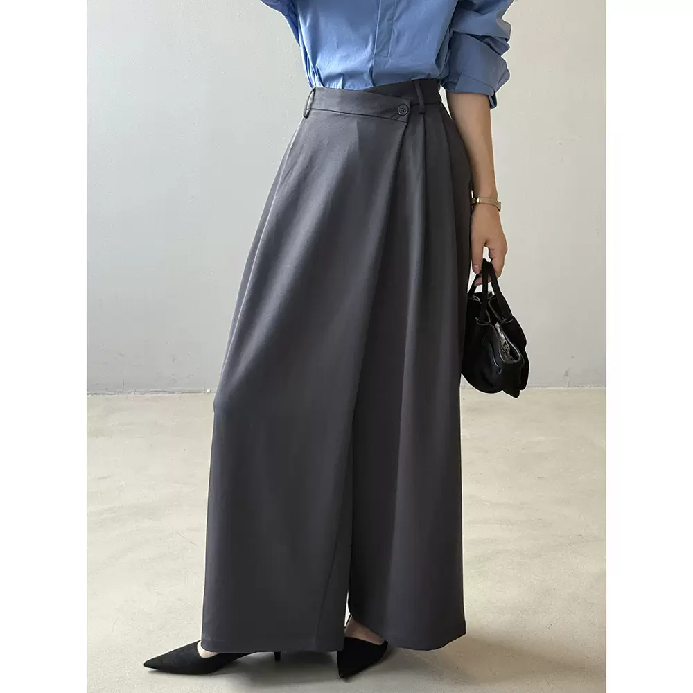 言双 法式阔腿斜门襟西装裤女 秋季休闲气质垂感通勤长裤子9825