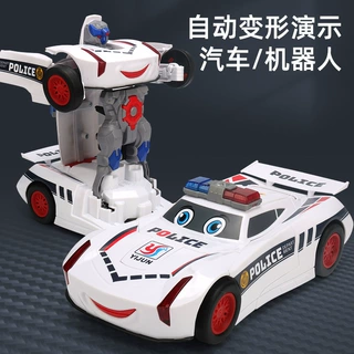 抖音电动万向变形警察车炫彩警灯音乐自动变形机器人男孩玩具车