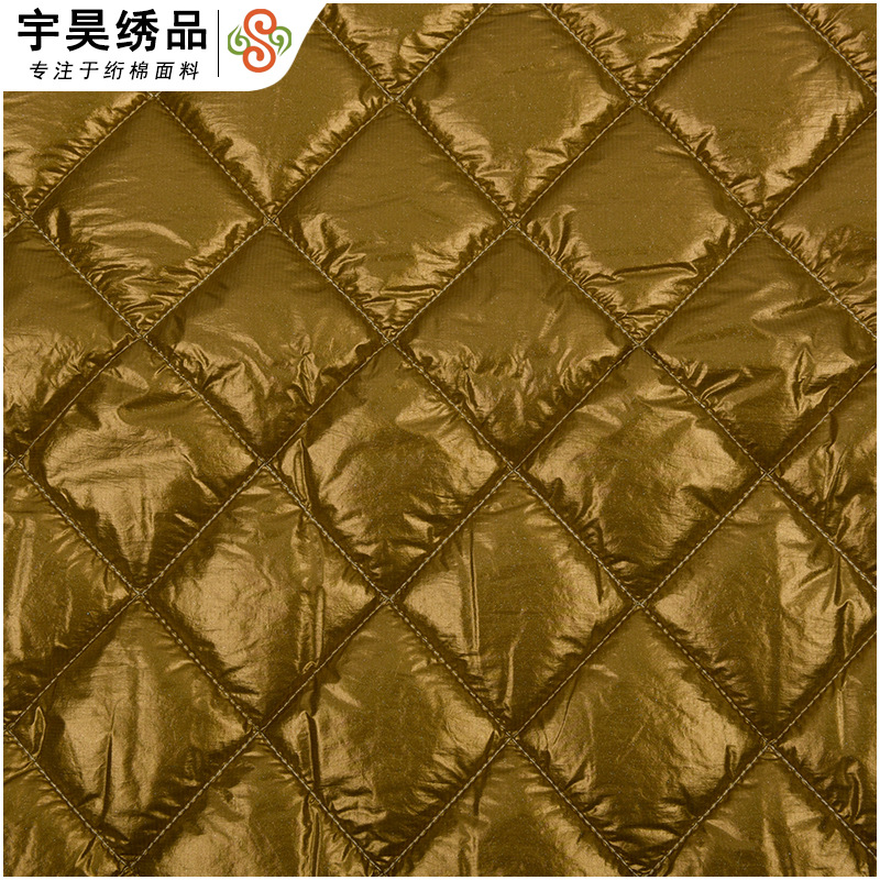 新款尼龙格绉烫金经典格型绗棉绗绣夹棉绣花棉服箱包面料