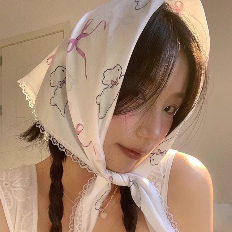 French lace scarf for women, sweet and cute, elegant, popular blogger photo, silk scarf, fresh and stylish head accessory, hair accessory, trendy