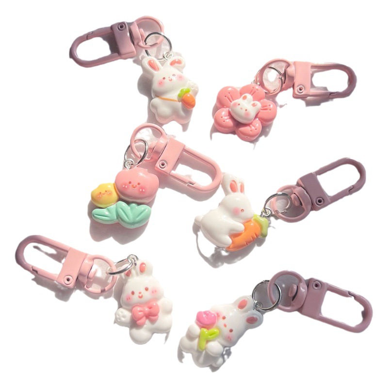 Cute Flower Series Radish Rabbit Keychain Ins Sweet Girl Heart Schoolbag Pendant Girlfriend Gift Pink Hanging Jewelry