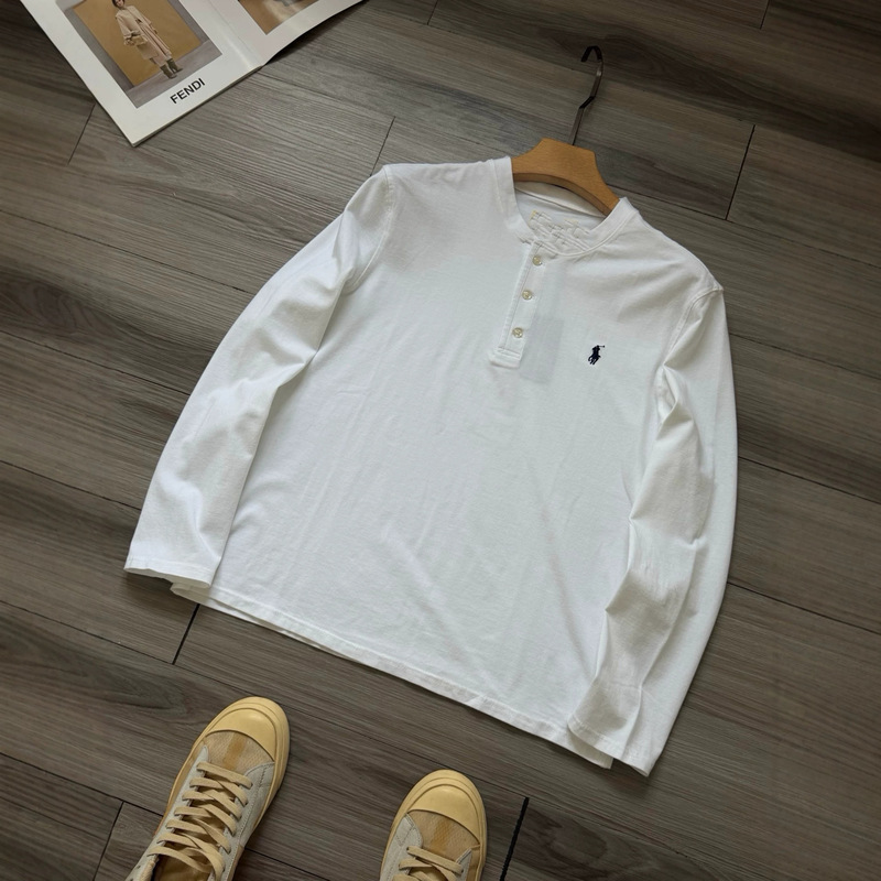 Cross-border supply, four-color small label with classic logo embroidery, unisex old money style Henry collar long-sleeve T-shirt