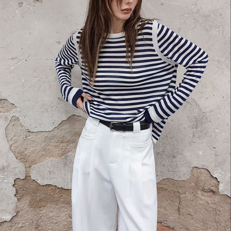Lyocell Tencel Contrast Color Striped Long Sleeve T-Shirt Women's Early Autumn Pullover Bottoming Shirt Lyocell Tencel Contrast Color Striped Long Sleeve T-Shirt Women's Early Autumn Pullover Bottoming Shirt