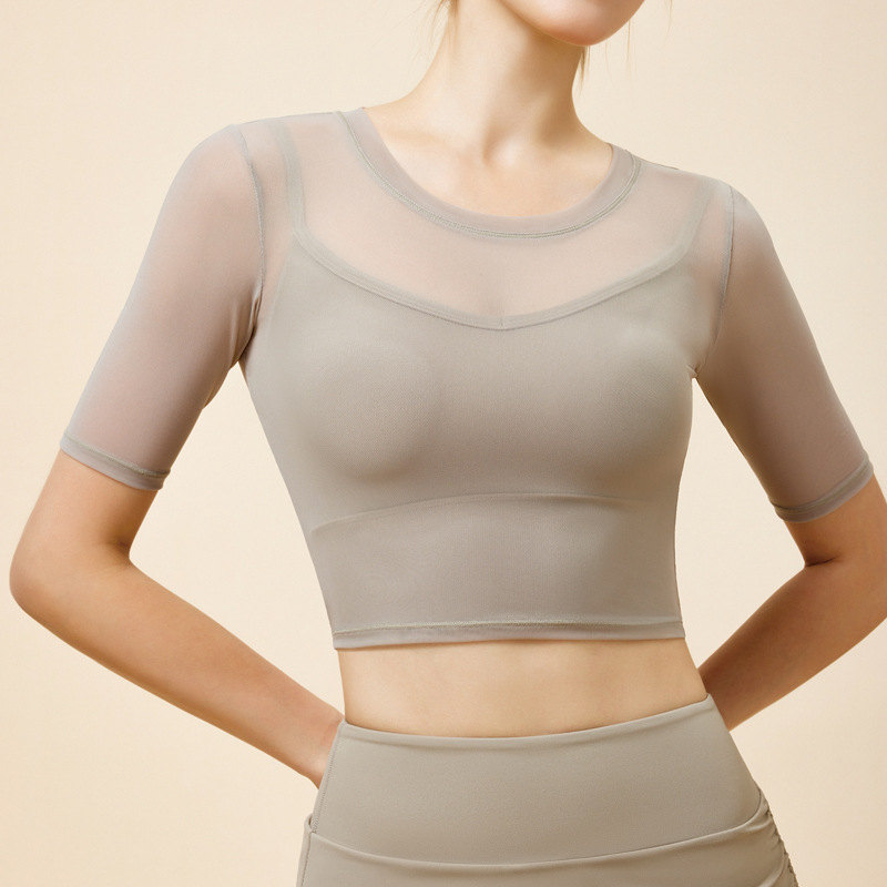 Netsuit para mujeres con cojín de pecho temperamento primavera y verano blusa de adelgazamiento pilates gimnasio mangas largas