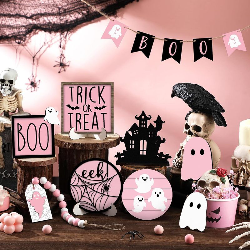 ハロウィンレイヤードトレイ装飾セットかわいいゴーストトレイ装飾ピンクハロウィン装飾装飾品卸売|undefined