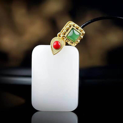 玉石无事牌吊坠厂家批发 新疆羊脂白金丝玉平安无事牌项链送皮绳|ru