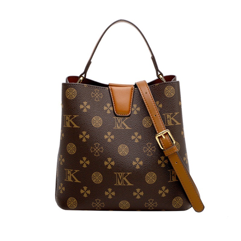 Women's Genuine Leather Handbag 2025 New Trendy Fashion Shoulder Crossbody Color-Block Monogram Bucket Bag - Thumbnail 5