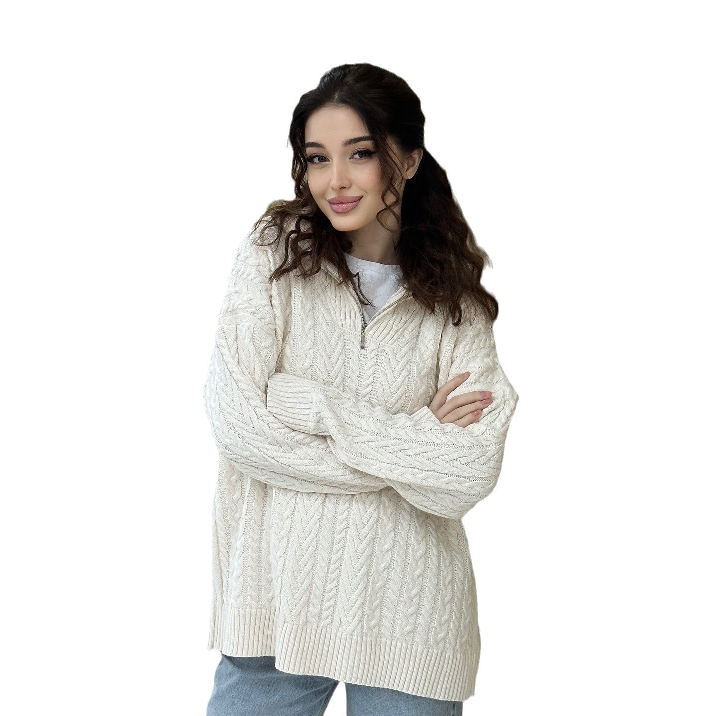 2024 otoño y invierno nuevo estilo europeo y americano Amazon transfronterizo de moda de color sólido medio cremallera cuello redondo grueso camisa de punto suelta