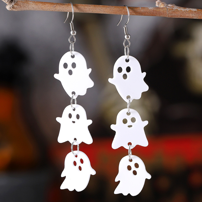 国境を越えたハロウィーン白い幽霊黒コウモリ三連ペンダントイヤリングアクリルゴシック風イヤリング|undefined