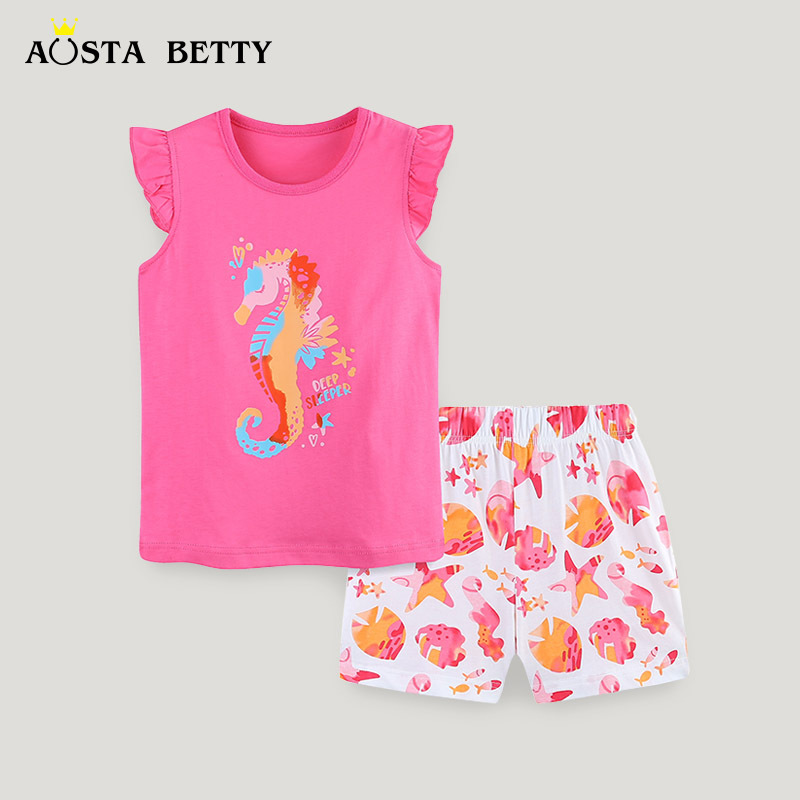 Novedad de verano, traje de manga corta para niñas, conjunto de 2 piezas de pantalones cortos con estampado de caballito de mar de dibujos animados para niños de estilo europeo y americano