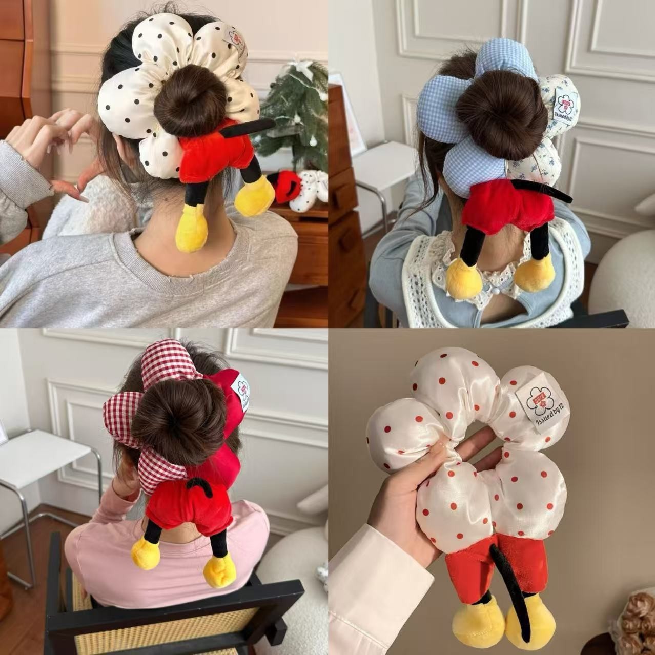 4个总价网红2025新款可爱米奇波点花朵大肠发圈可爱毛绒丸子头在