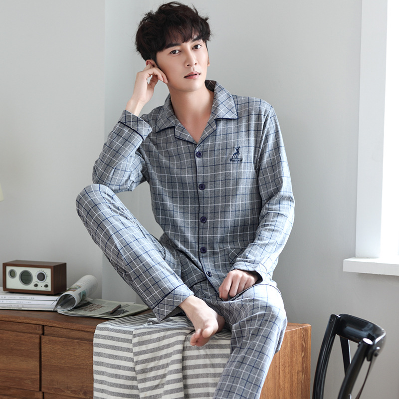 Pijamas de los hombres de manga larga 100% algodón de primavera y otoño desgaste del hogar de los hombres otoño delgado más el tamaño de otoño y traje de invierno
