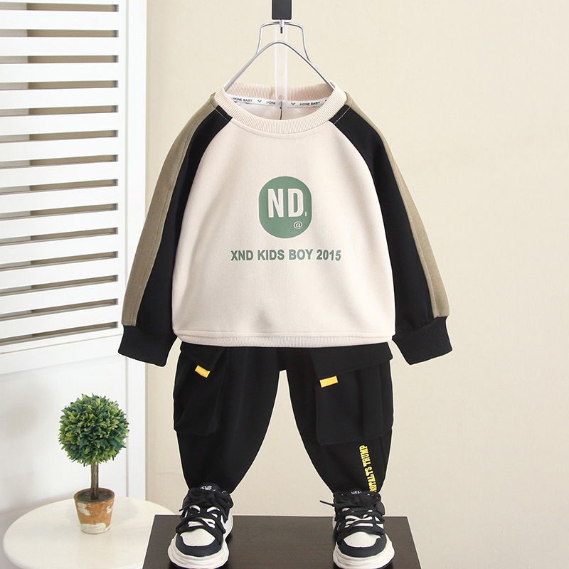 6153 traje de suéter para niño 2025 primavera y otoño nuevo bebé otoño top de manga larga de dos piezas mono para niños