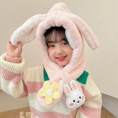 Cute Flower Rabbit Kids' Hat and Neck Warmer Combo: Autumn/Winter Warmth-Keeping Scarf with Plush, Cartoon Rabbit-Ear Design