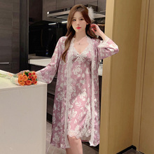 女士印花睡衣春夏季冰丝薄款睡袍睡裙两件套性感带胸垫家居服套装