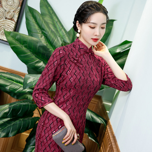 Wine red chinese dresses for women oriental qipao dress Sexy Retro Slit Stand Collar Chinese Red Cheongsam Plaid Dress