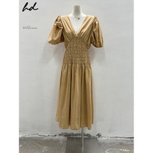 HD104#SHE DREAMS韩国东大门代购法式深V领褶皱收腰泡泡袖连衣裙