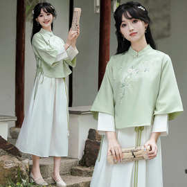 秋冬新中式少女年轻国风盘扣旗袍两件套日常少女民族风半身裙套装