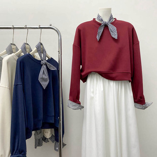 ~ Korean style chic with silk scarf stitching cuffs fake two-piece round neck loose slim long sleeve sweater