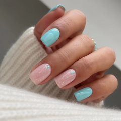 Fresh Lake Blue Glitter Nail Art Summer New Sweet Fashion Fresh European Square False Nails Removable