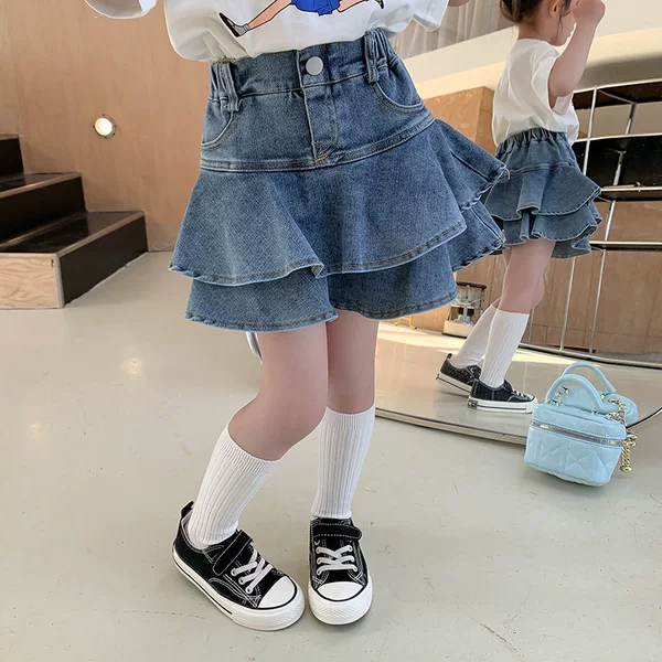 Korean-style children's clothing for toddlers and young children, 2025 summer new style, girls' ruffled denim skirt-pants, stylish short skirt for little girls
