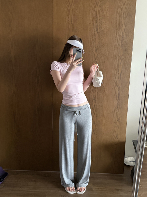 抽绳系带垂垂裤女2025新款针织垂感松弛慵懒风显瘦直筒窄版休闲裤|undefined