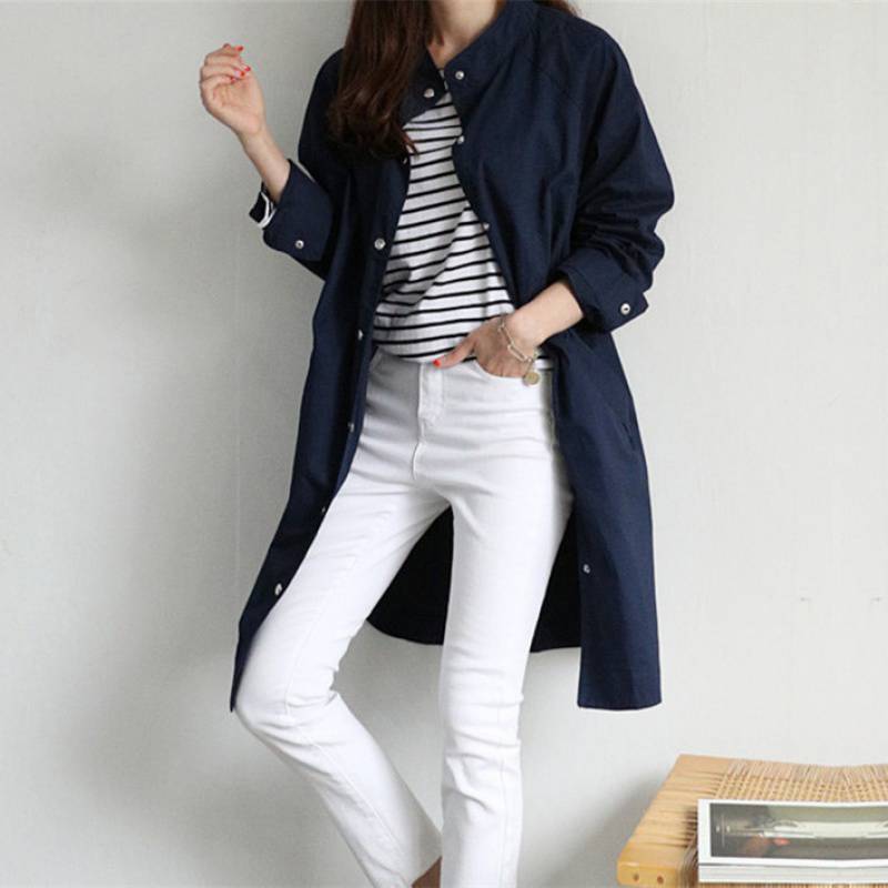 Korean Style Single-Breasted Slimming Slit Workwear Trench Coat for Women 2025 Autumn New Petite Casual Cotton Jacket Coat Plus Size