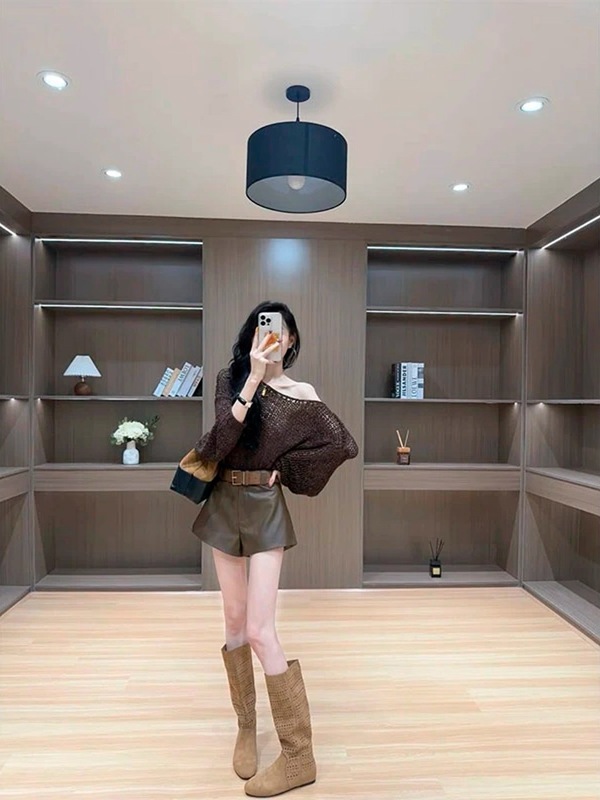 女装韩系设计感御姐范时尚高级舒适辣妹休闲百搭针织镂空长袖上衣|undefined
