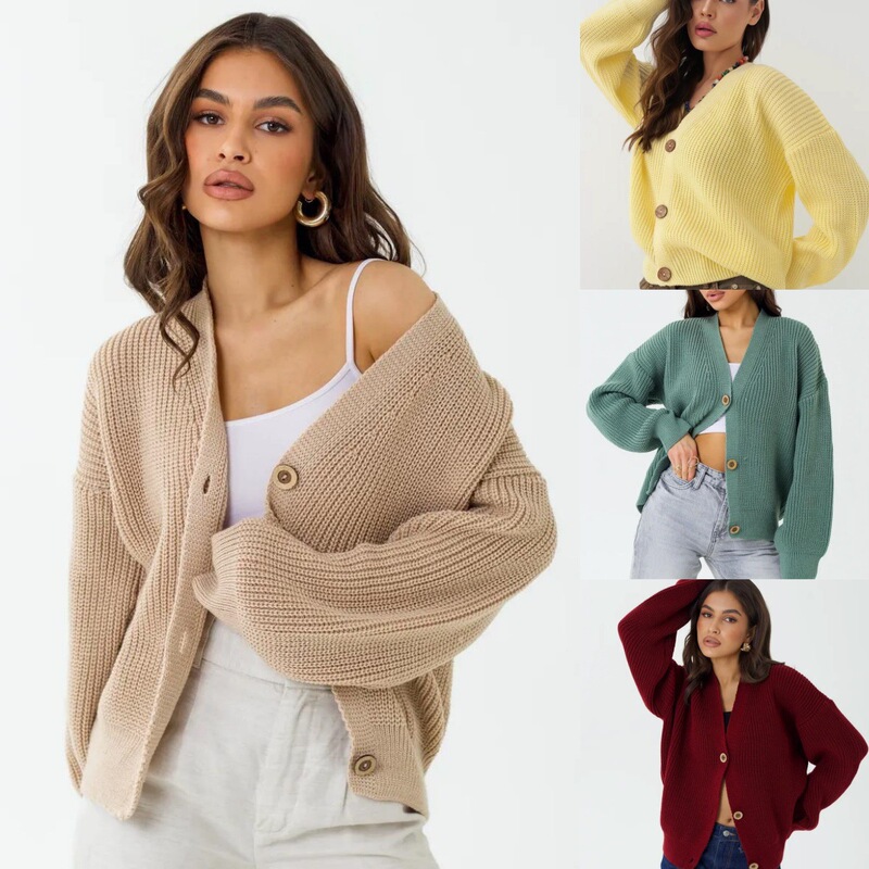 Autumn and Winter Loose-Fitting Solid Color Knitted Sweater for Women, Lazy Style, Elegant Workwear, Candy-Colored Cardigan, Macaron Color Series