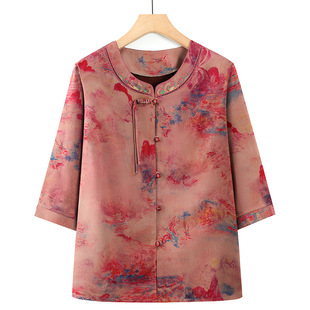 Grandma's New Summer Style Printed New Chinese Style Three-Quarter Sleeve Tops Large Size Middle-Aged and Elderly Women's National Style Shirts Thin