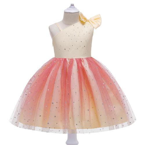 Elegant European and American Foreign Trade Children's Dress with Gradient Net Fabric, Fluffy Princess Skirt, Star Sparkle, Asymmetrical Shoulder, Girls' Festival Performance Costume