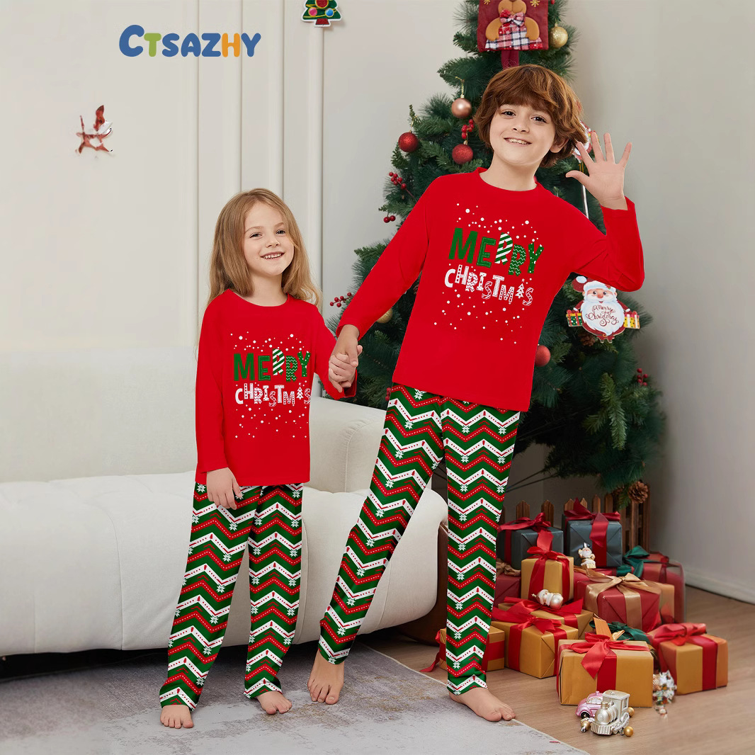 Christmas Snowflake letter stripes Christmas family dress printed home dress pajamas_viptrois.com