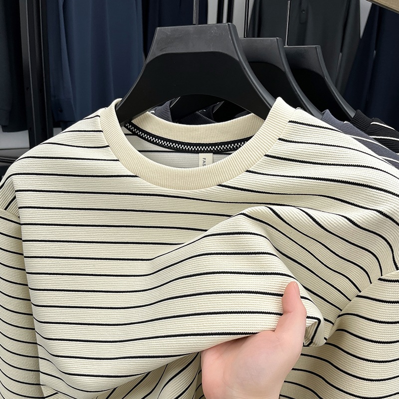 Cotton Fashionable and Simple Striped Crew Neck Pullover Shirt for Middle-Aged and Young Men, Suitable for Spring and Autumn 2026, Casual and Versatile Base Layer