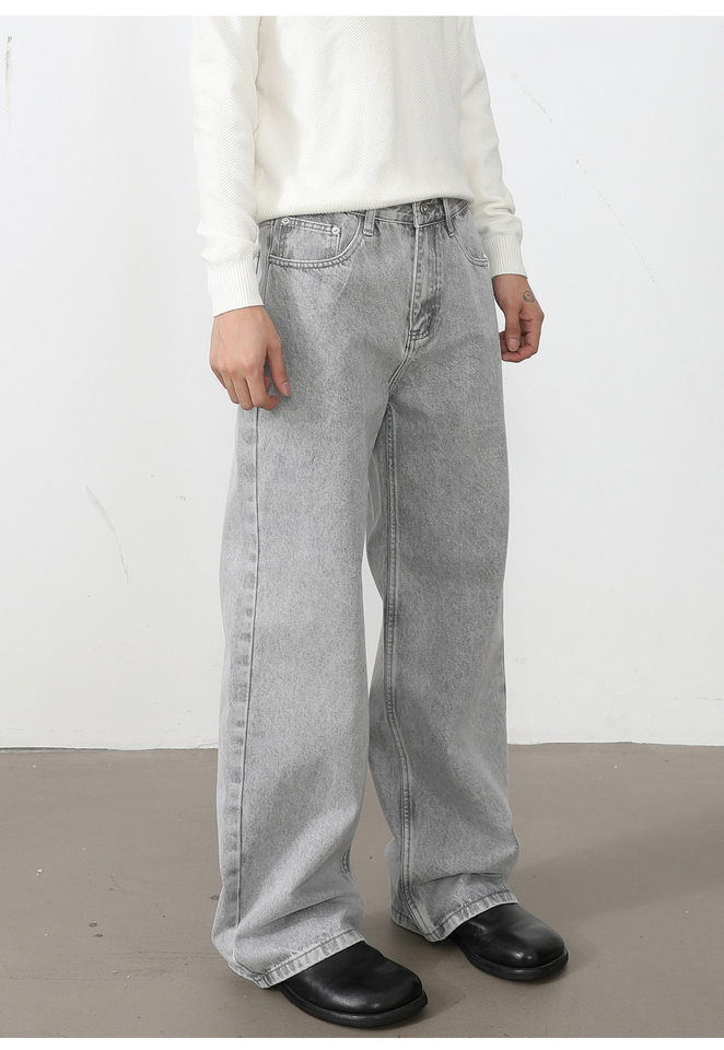 Quần jean nam ống rộng dáng suông thoải mái kiểu Mỹ, vải denim xử lý giặt mài, lưng trung, dài quần — Xanh da trờicolor, Xám đen, màu xám nhạt chi tiết 9