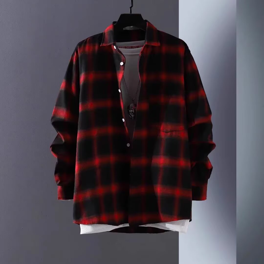 Plaid Shirt Men's Korean Style Ins Trendyy Loose Long-Sleeved Shirt Hong Kong Style Handsome Spring and Summer Bf Style Couple Jacket