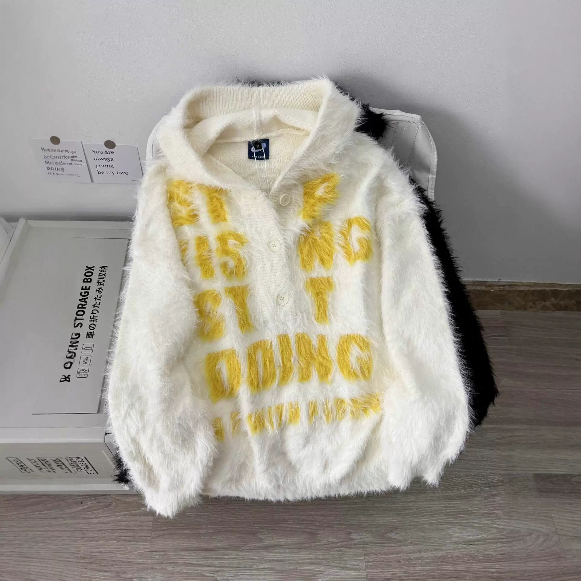 美式复古软糯水貂毛连帽字母毛衣男冬季慵懒马海毛针织衫套头外套