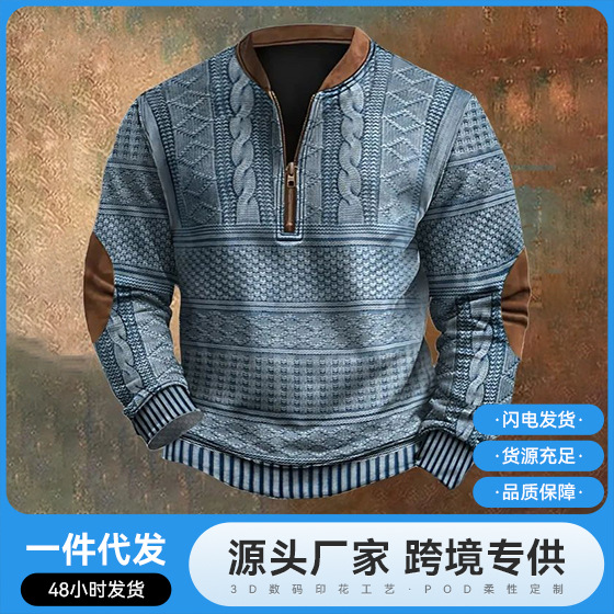 2025 Autumn/Winter New 3D Digital Print European and American Men's Half-Zip Sweatshirt Cross-Border Aliexpress Independent Station Customization