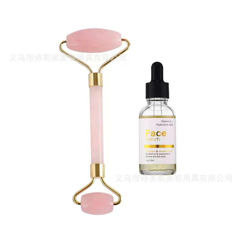 玉石粉晶滚轮 双头滚轮 搭配形状金属支架玉石滚轮按摩器套装礼盒