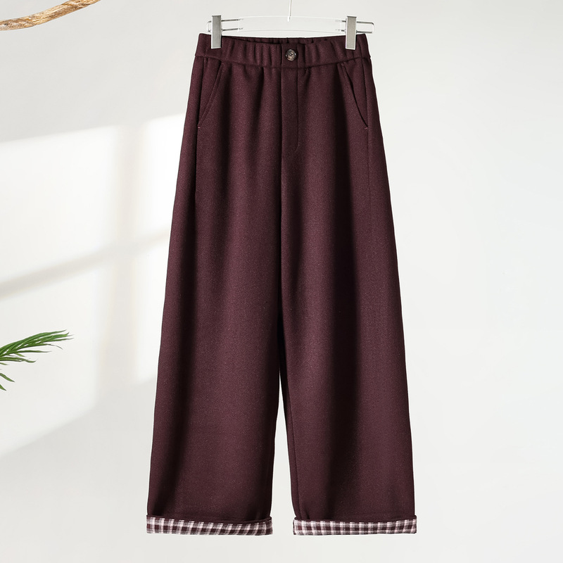 Burgundy Woolen Casual Wide-Leg Pants for Women 2025 Autumn and Winter New Thick Loose Petite Cropped Straight Pants