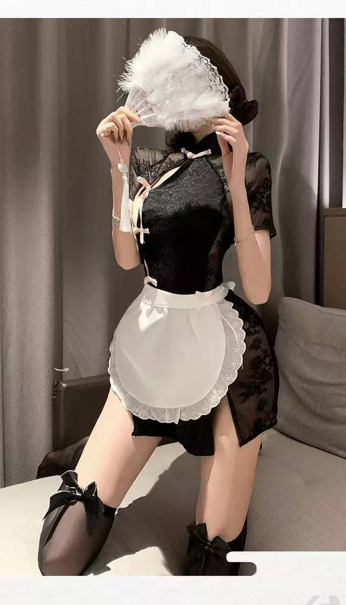 Maid Roleplay Costume Set with Apron and Black Butterfly Stockings, One Size — detail image 6