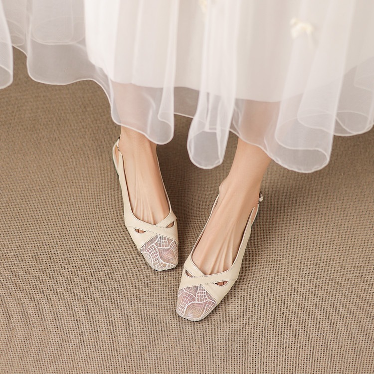 Sandal cao gót nữ hở mũi da cừu lưới phối màu quai ngang khóa — màu đen, màu trắng ngà chi tiết 69