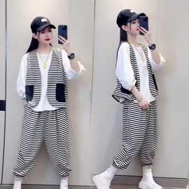 色织条珠地时尚洋气夏季新款女士七分袖小衫+马甲+裤子休闲三件套