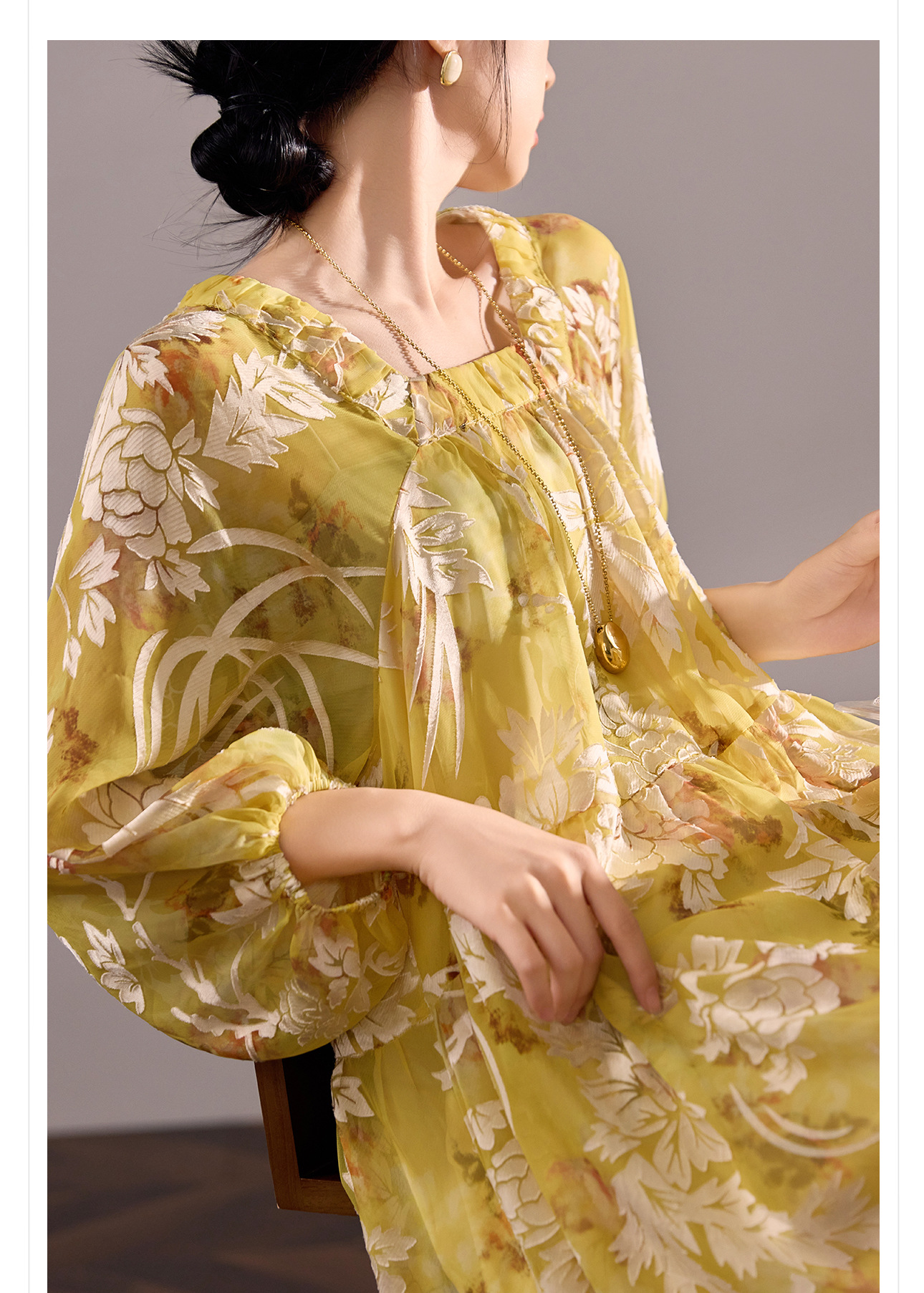 Váy maxi nữ phong cách Trung Quốc mới, chất rayon mềm mại, thiết kế suông rộng tôn dáng — màu vàng chanh chi tiết 2