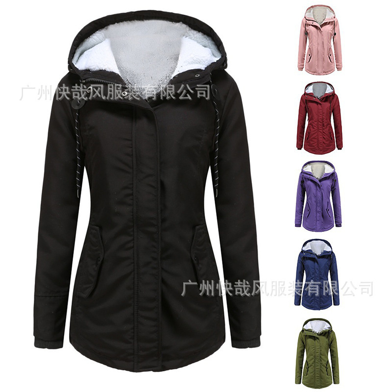 In-Stock Parka Coat for Autumn and Winter, Lamb Wool Cotton Jacket for Women, European Size, Thickened and Fleece-Lined Cotton Clothing, Casual Hooded Jacket for Women
